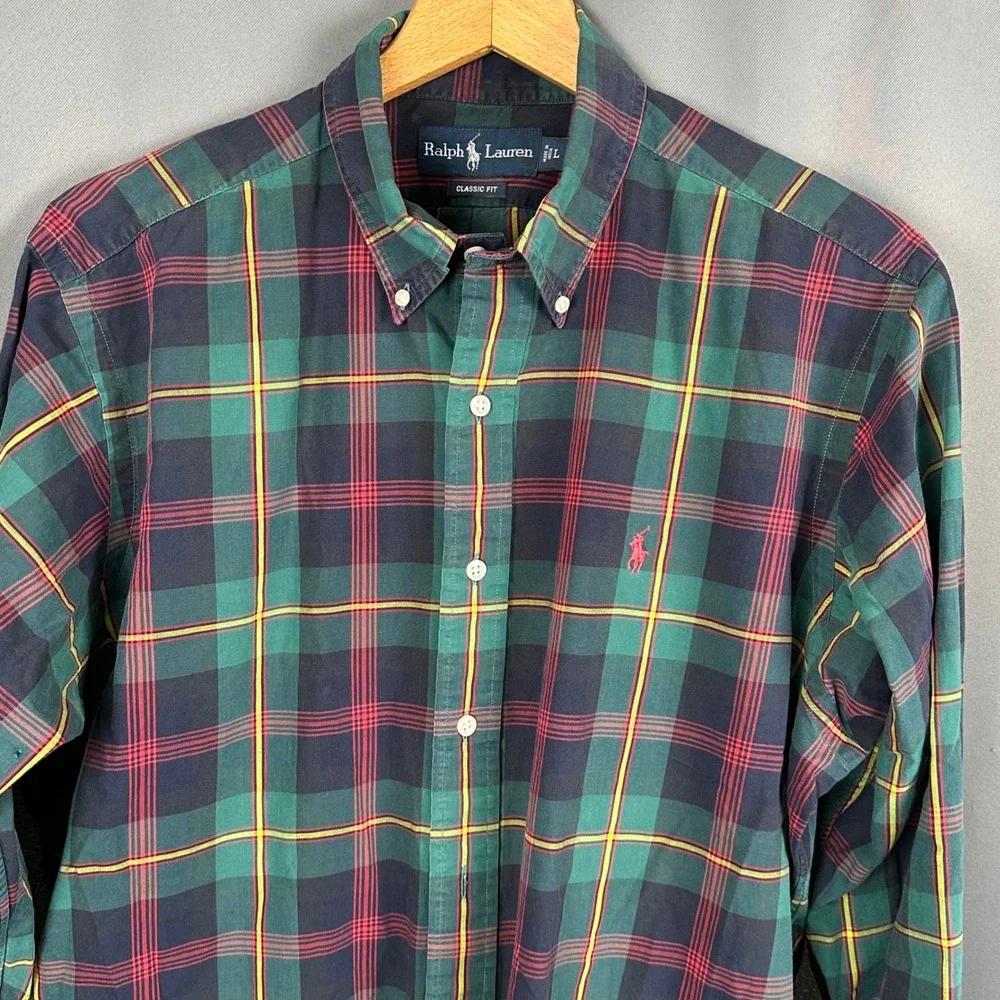 Polo Ralph Lauren Mens Large Classic Fit Plaid Button Down Shirt Green Red L